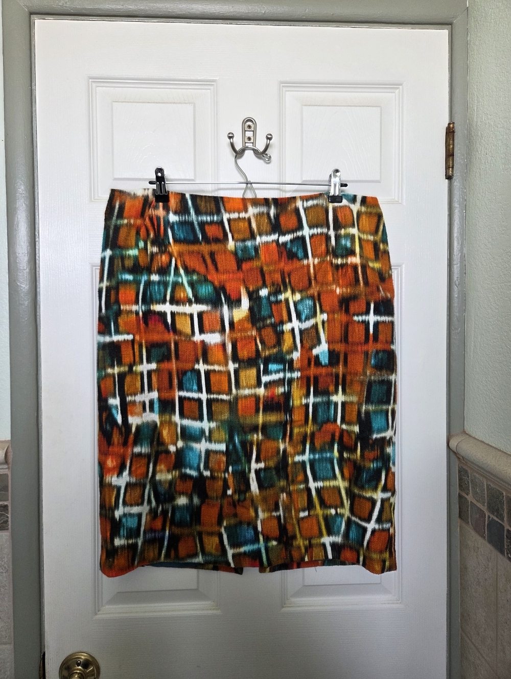 Lafayette 148 Abstract Grid Print Pencil Skirt in Burnt Orange and Teal Size 14